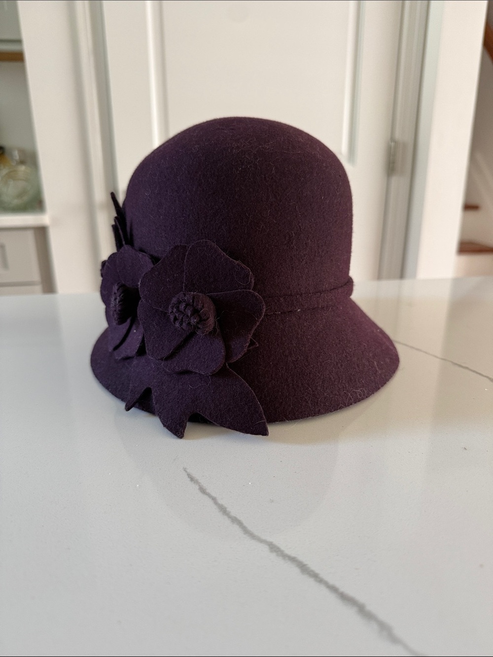Women's Floral Accent Wool Cloche Hat - Deep Plum